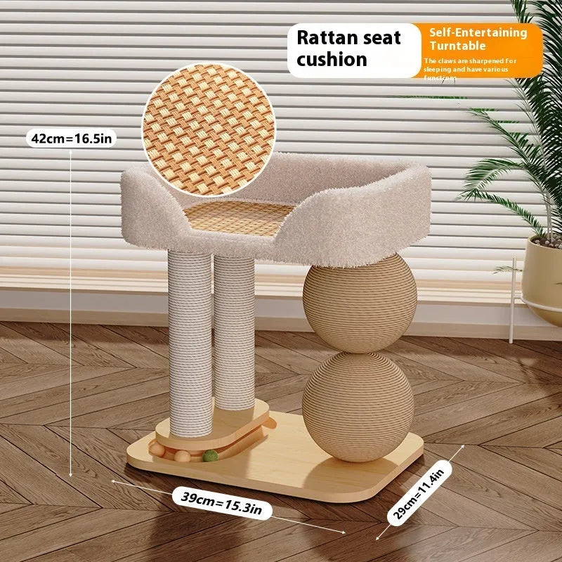 Pine wood cat nest with dual column double grasping balls in sisal style