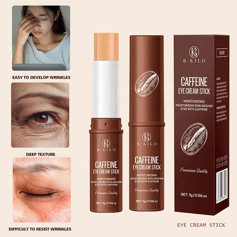 Caffeine eye cream stick with twist-up applicator, 3g net content.