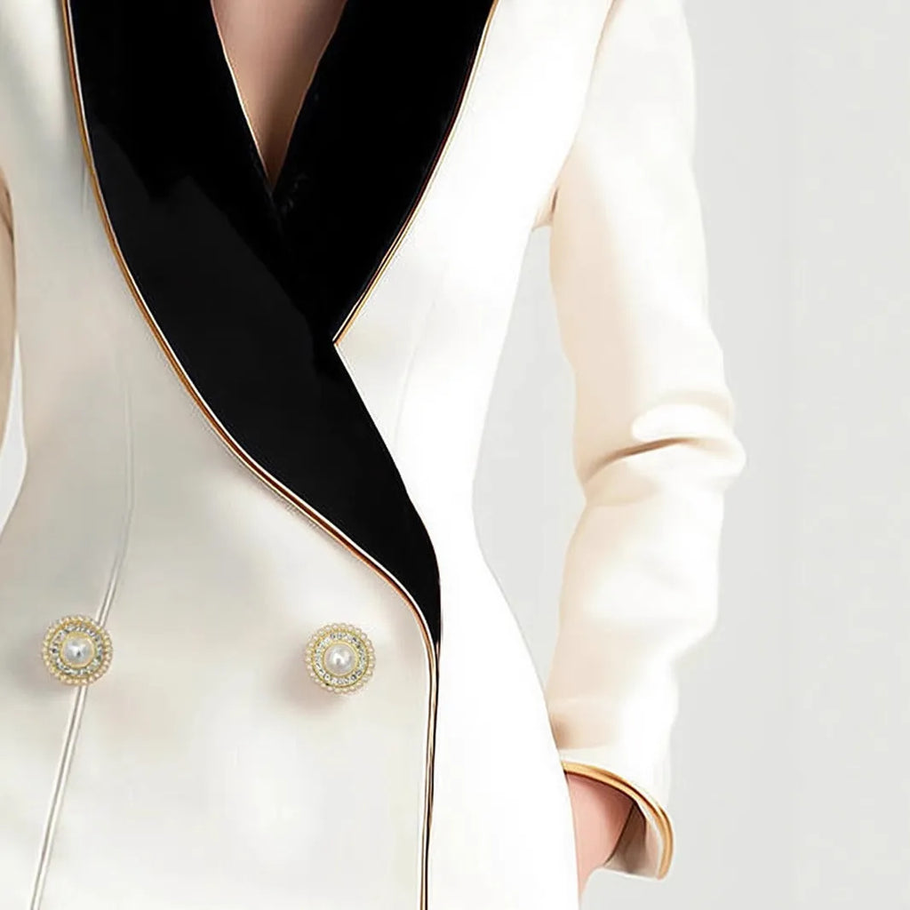 Women's milky white beige irregular coat with golden edge pearl buttons on TR fabric
