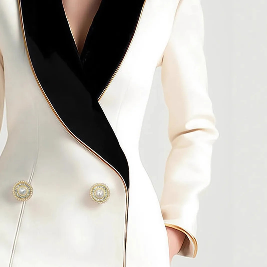 Women's milky white beige irregular coat with golden edge pearl buttons on TR fabric