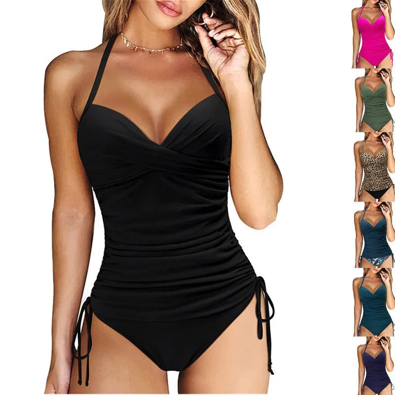 Women's nylon bikini set with high-waisted briefs in army green, black, green leaves and leopard print options