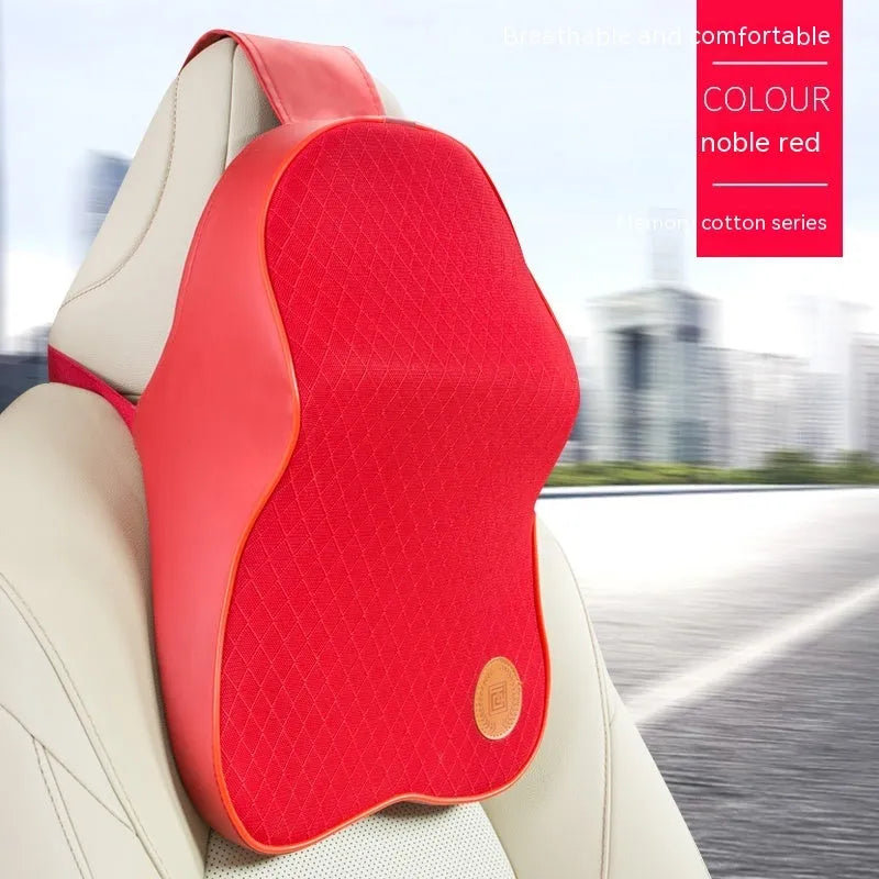 Black memory foam car headrest pillow and lumbar support pillow set on car seat