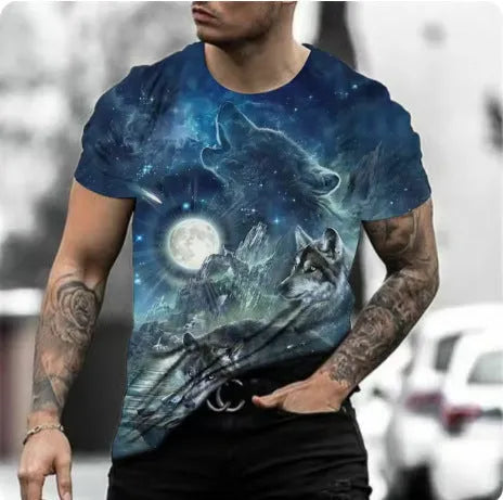 Men's retro 3D animal print short-sleeve t-shirt on a hanger, showing bird eye cloth fabric.