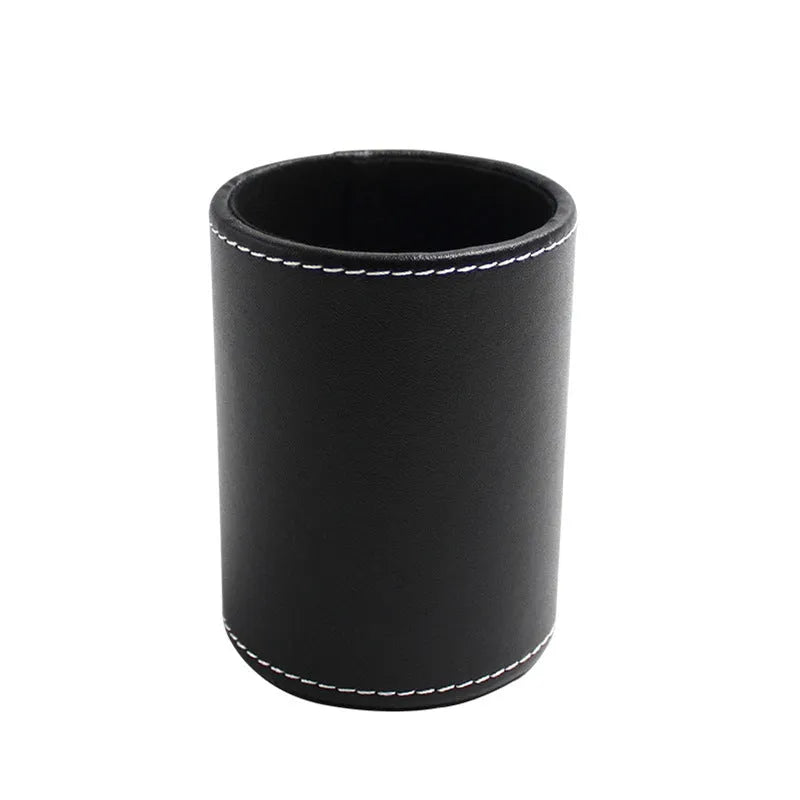 Small round black leather pen container showing dimensions