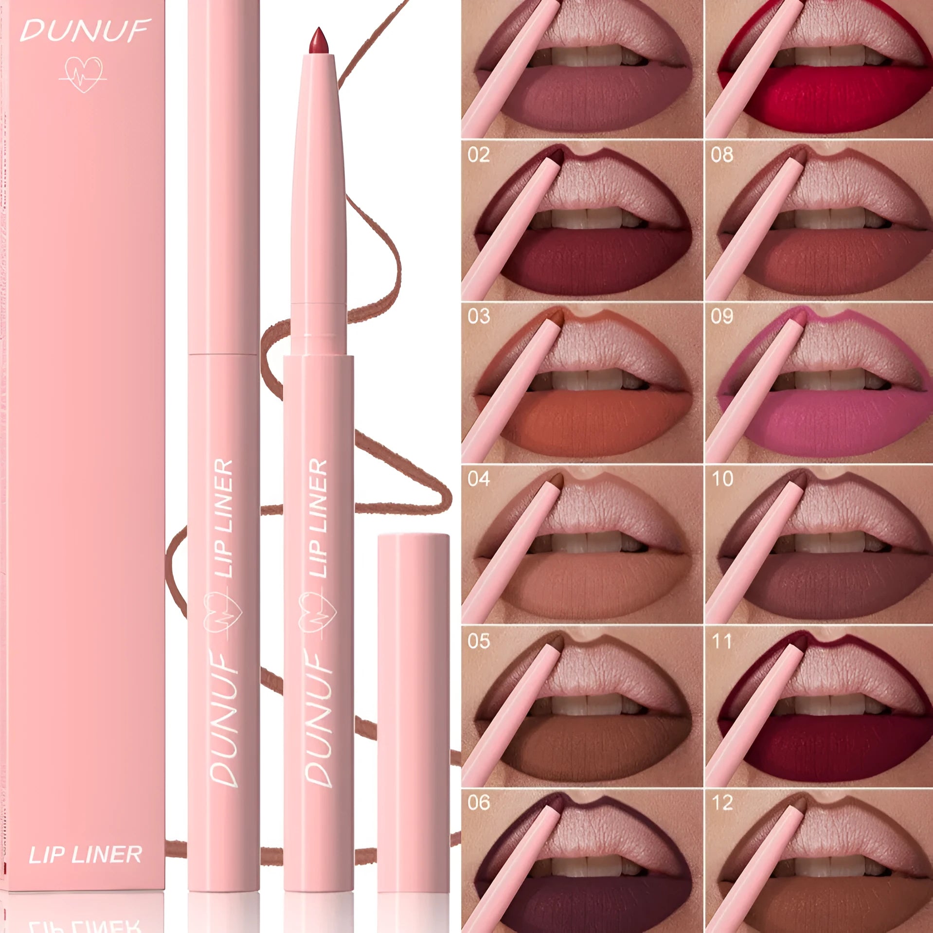 Twist-up velvet matte lip liner pencil shown in 12 different colour shades