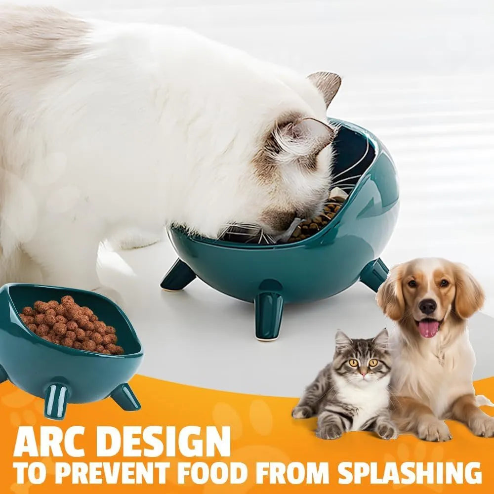 Green ceramic pet food bowl with four-legged stability design for cats and small dogs