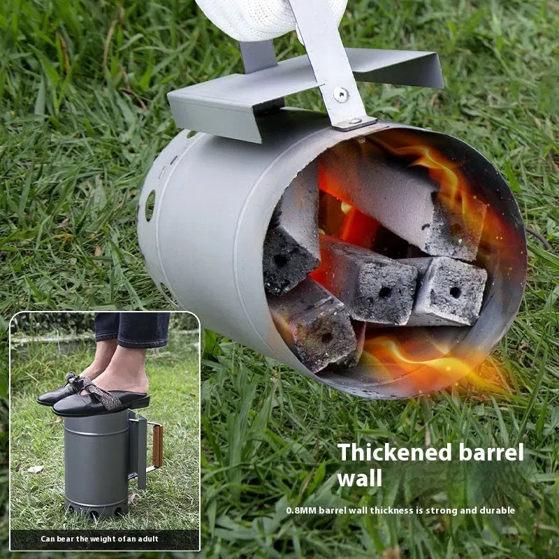 Zinc-iron alloy outdoor charcoal fire lighter with carbon bucket design for barbecues.