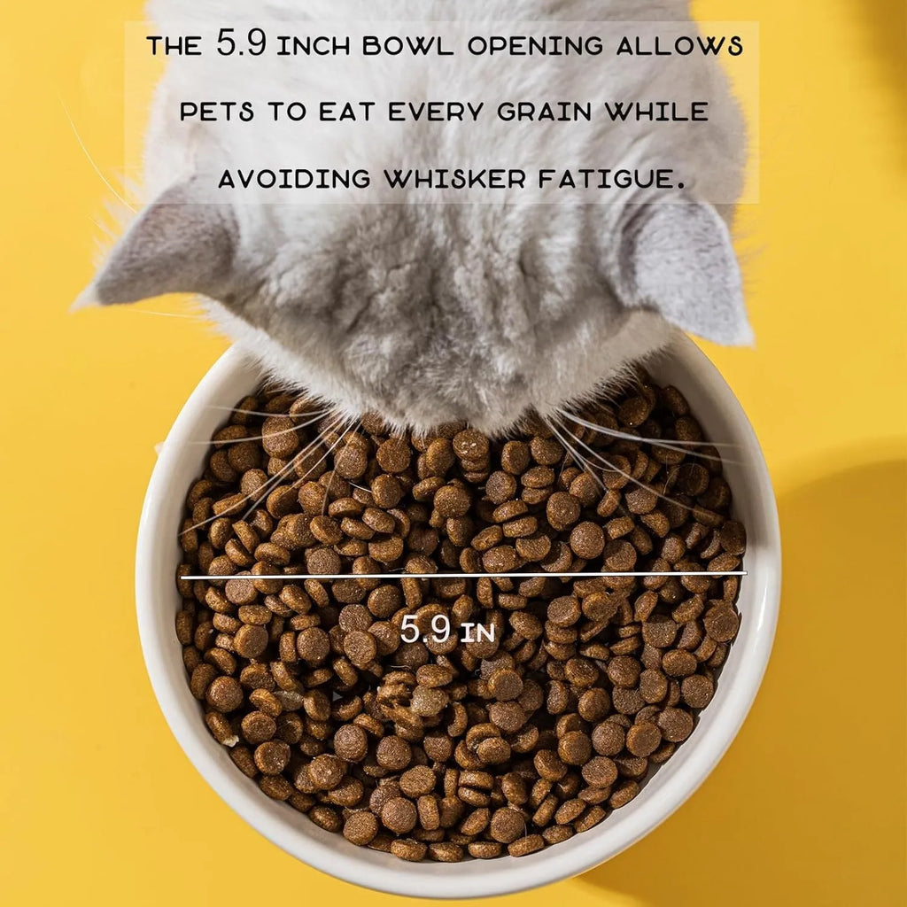 Ceramic raised pet bowl in animal design, showing wide 15cm opening and 4.92-inch elevation.