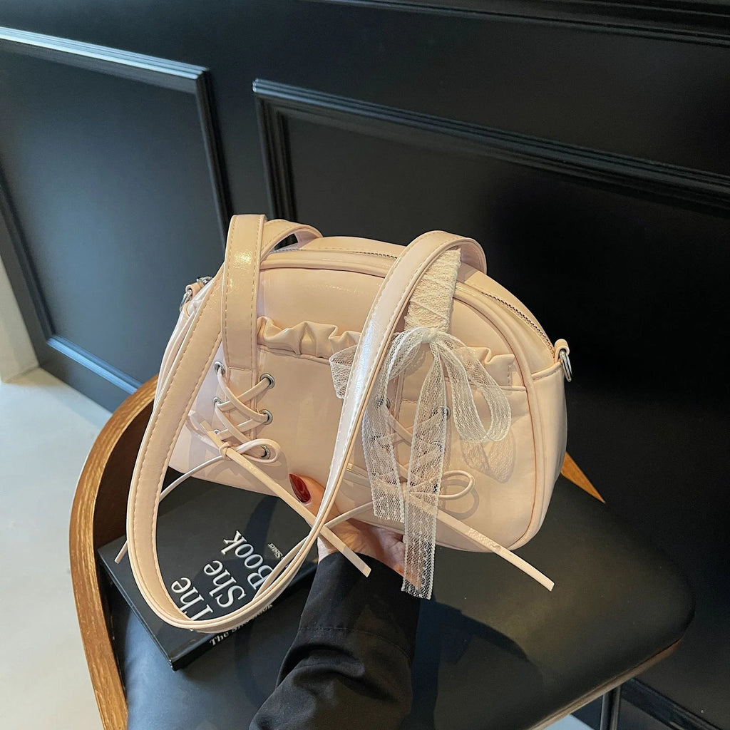 Women's casual PU leather handbag with bandage bow detail and crossbody strap