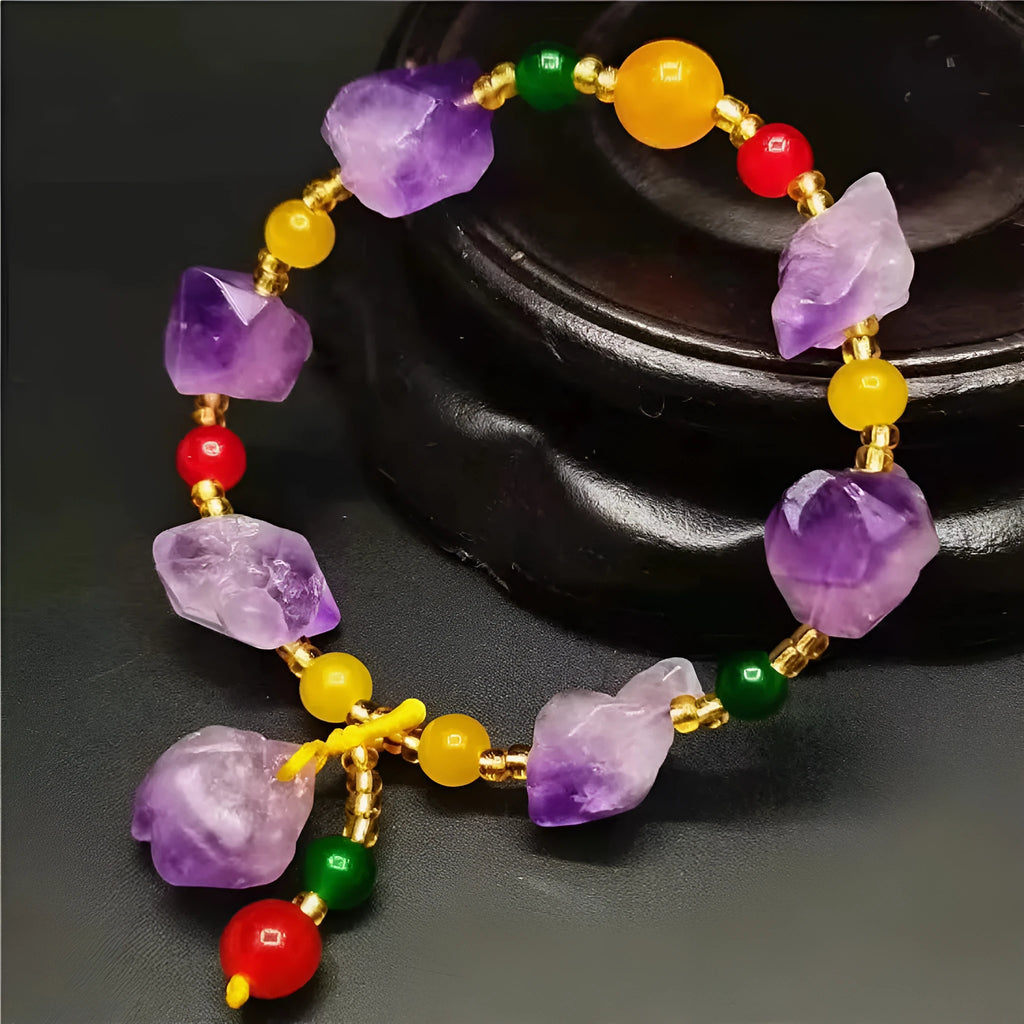 Women's natural style amethyst bead bracelet with a decorative fu character.