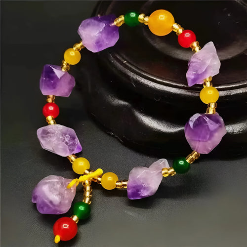 Women's natural style amethyst bead bracelet with a decorative fu character.