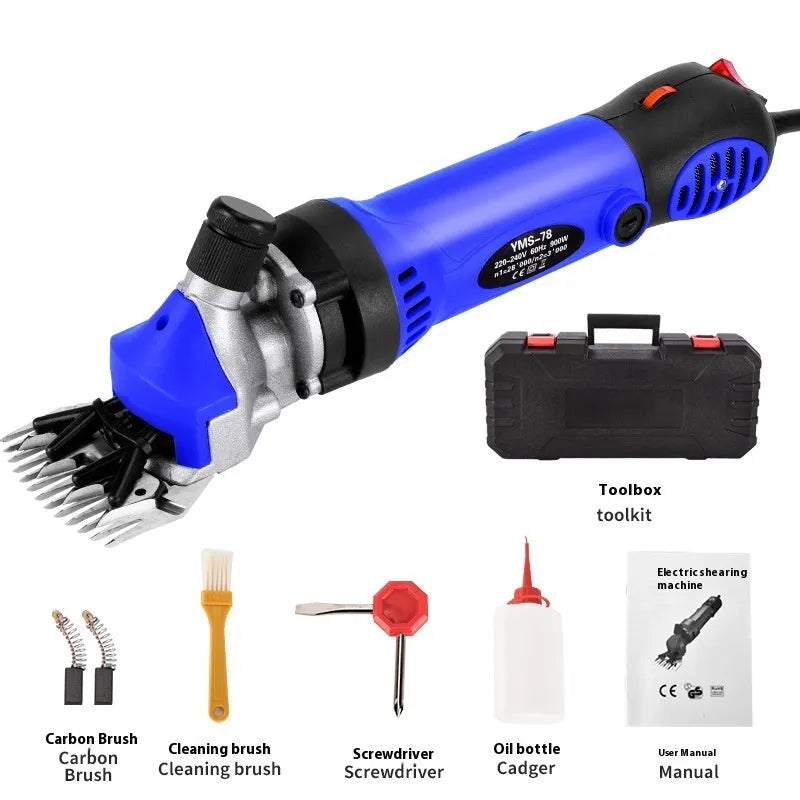 Yellow electric wool shears with 110V plug and multiple blade configurations for sheep shearing