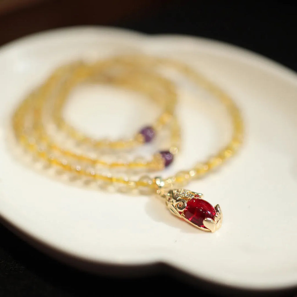 Natural Brazilian gold rutilated quartz bracelet with Chinese three-ring design and chopstick hanging elements