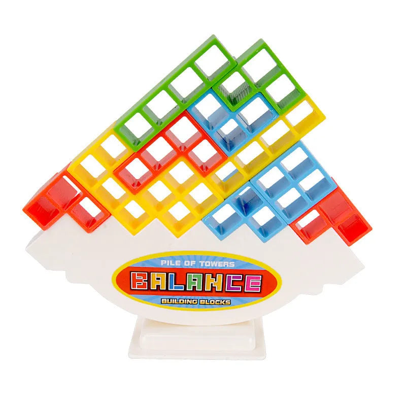 Plastic balance stacking board game with 16 colourful blocks, chassis, and base in a 26.5cm square box.
