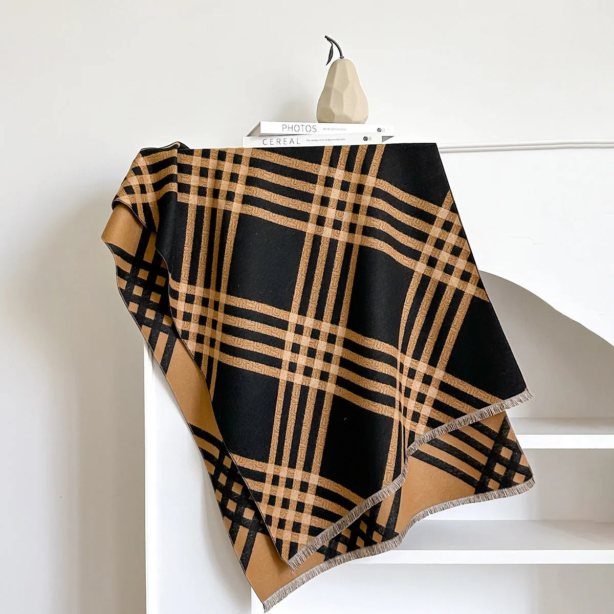 Long brown imitation cashmere scarf with tassels laid flat, showing its 185cm length.