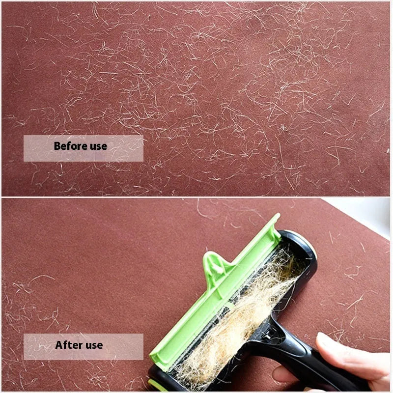 Green manual pet hair lint roller with sticky brush on ABS plastic handle.