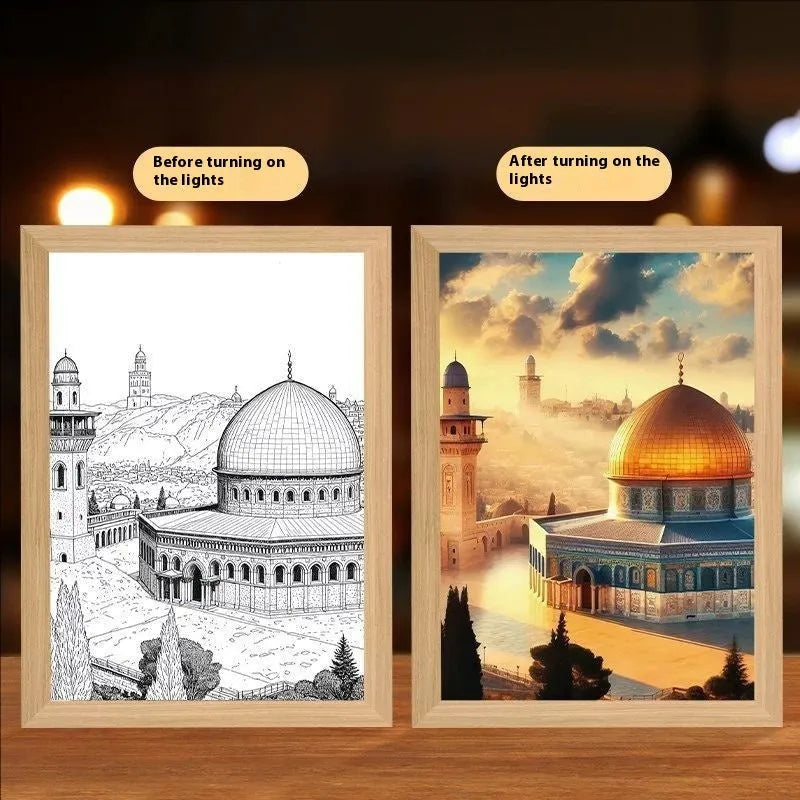 Rectangular LED photo frame light painting showing digital artwork with religious cross design