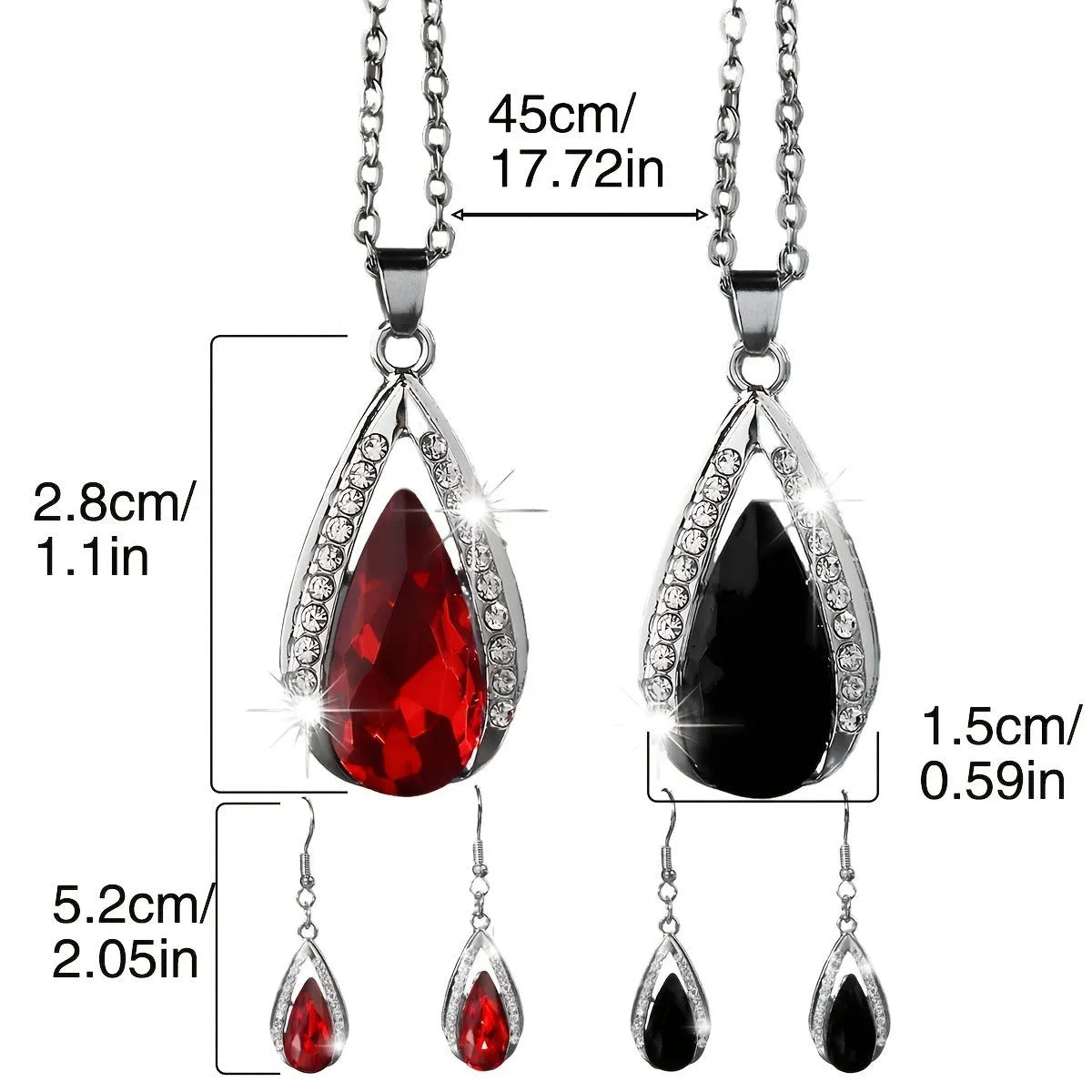 Teardrop pendant necklace and matching earrings set in black and red alloy jewellery