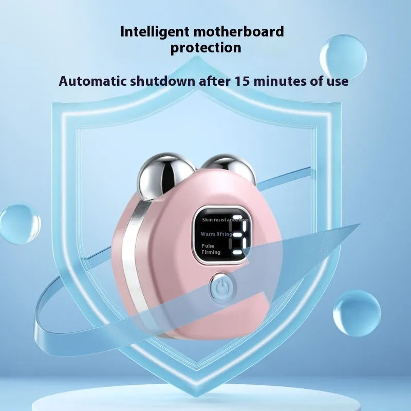 Portable white facial massage instrument with double-roller head for hot compress and microcurrent treatment.