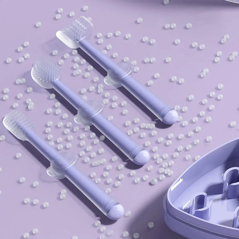 Soft silicone pet toothbrush for dogs and cats in purple, shown with flexible gel bristles for teeth cleaning.
