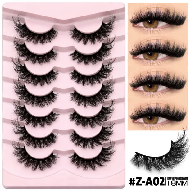Box of artificial fibre false eyelashes with six style options and included adhesive tube