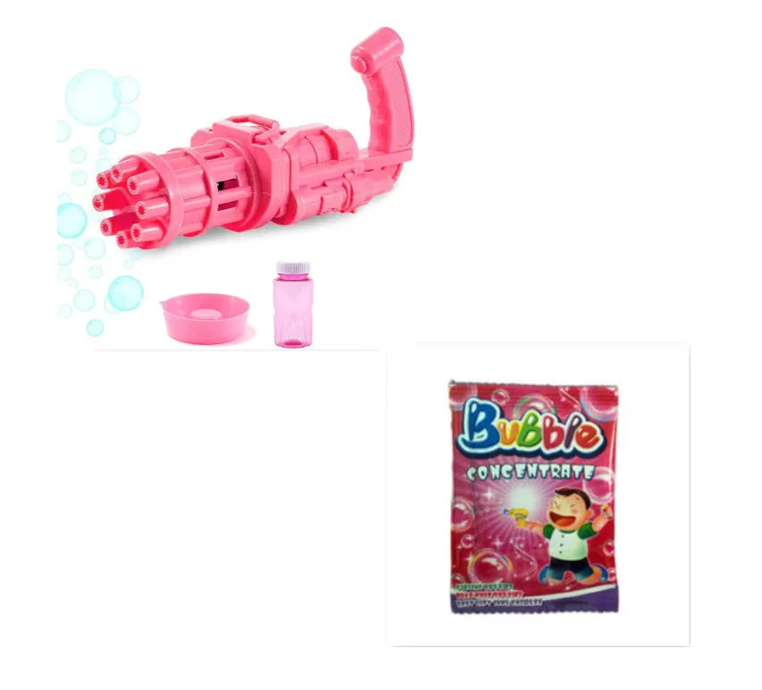Kids plastic bubble machine gun toy in pink, gold, or black with battery compartment and removable bubble head.