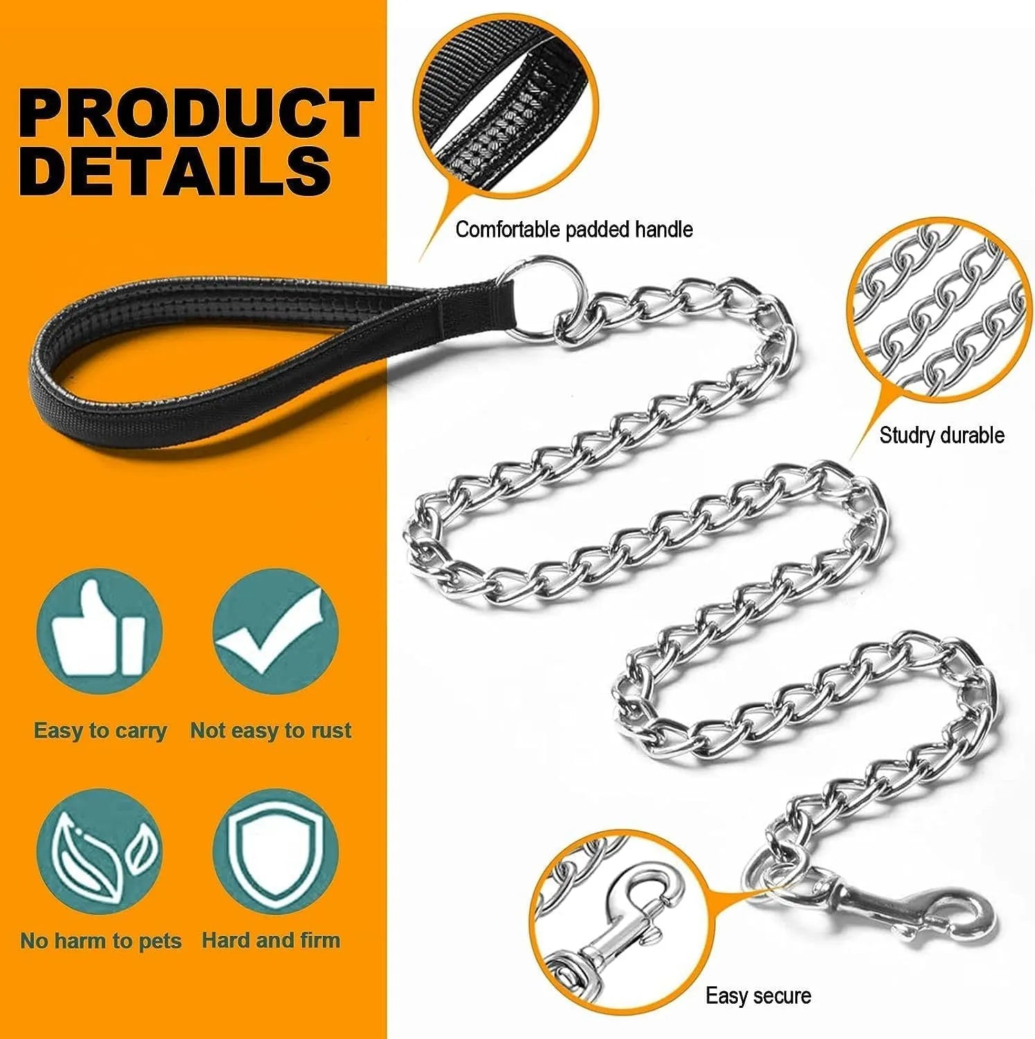 Heavy duty metal dog leash with padded handle in black, blue, or red for medium to large dogs