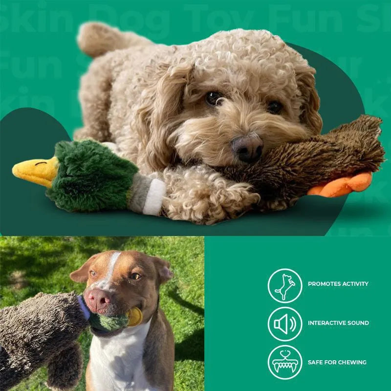 Green 1Wild Duck stuffless dog toy with squeakers and a bottom opening for a bottle.