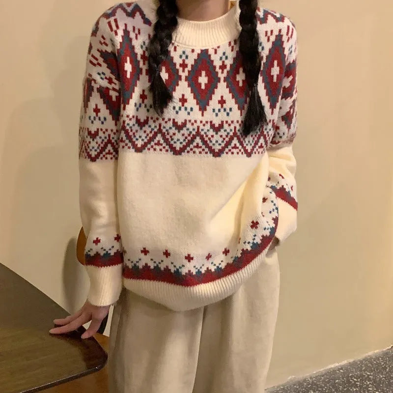 Retro striped pullover knitted top with long sleeves in white or red