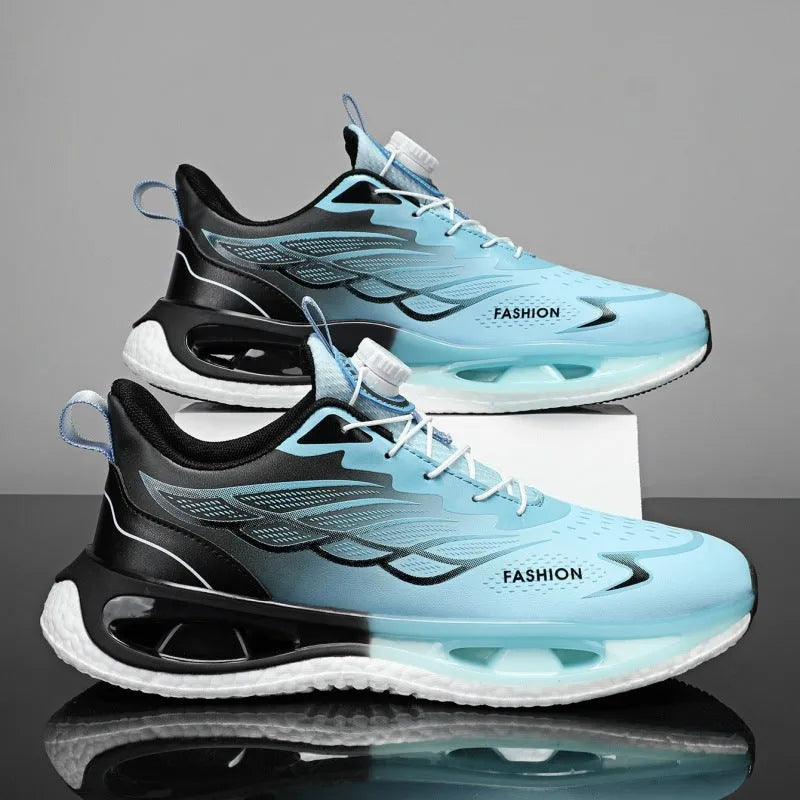 Men's low-top sneakers with a rotating button fastening, shown in light blue mesh and black leather options.