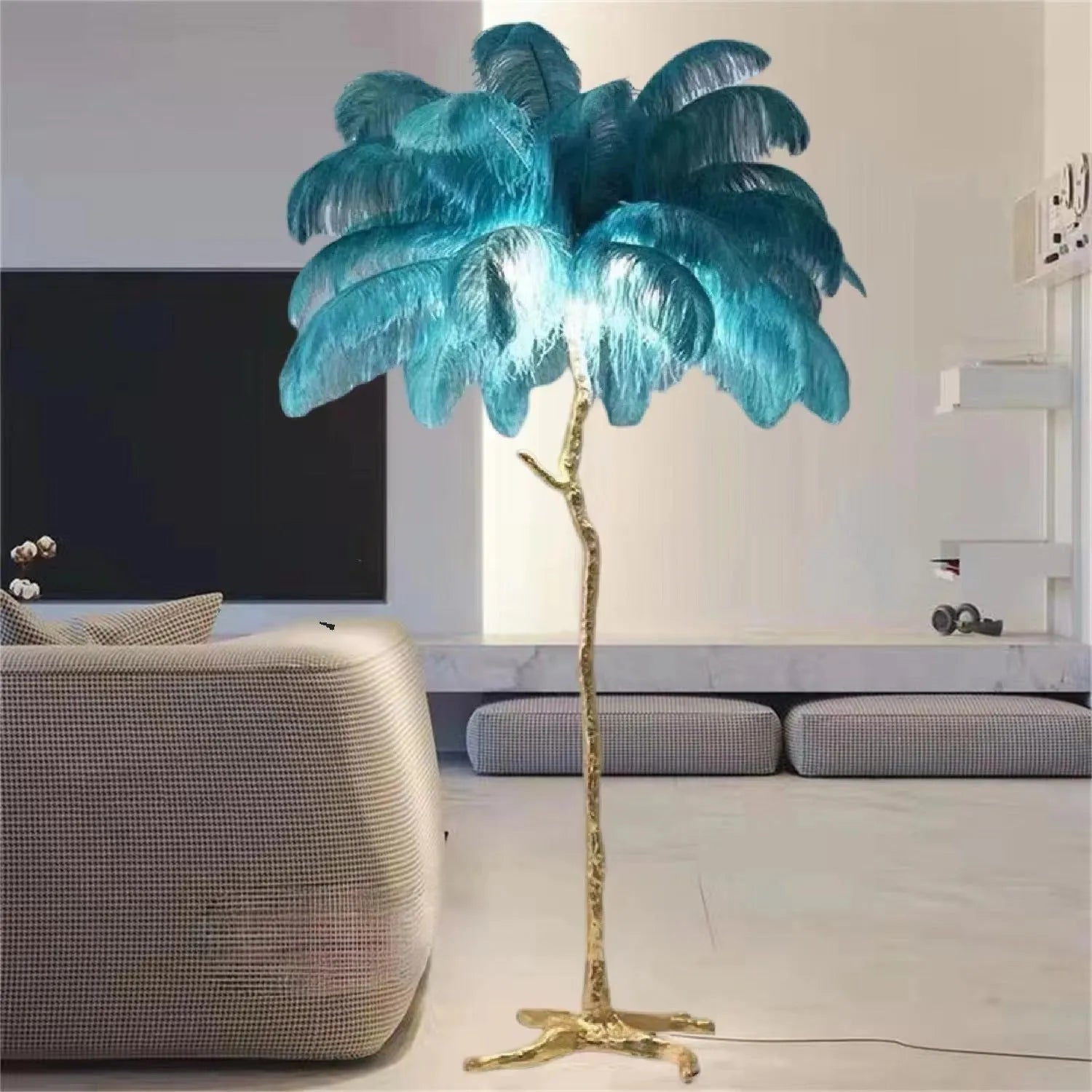 Tall decorative floor lamp with cluster of white resin feathers, standing 170cm high in a living room.