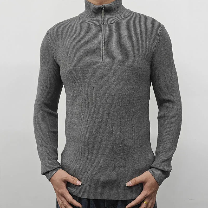 Men's grey half-turtleneck zip sweater in British style with long sleeves
