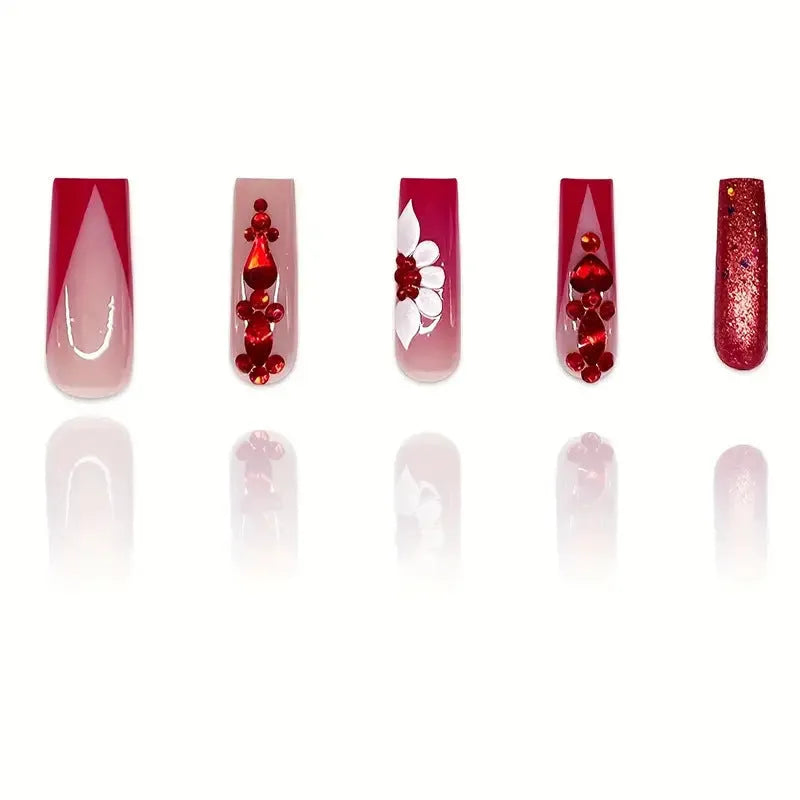 Sweet floral pattern removable artificial nails with prismatic red diamond accents in European square long shape