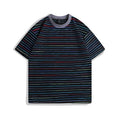 Loose fit striped half sleeve t-shirt for couples in apricot, black, grey, pink, and yellow colours.