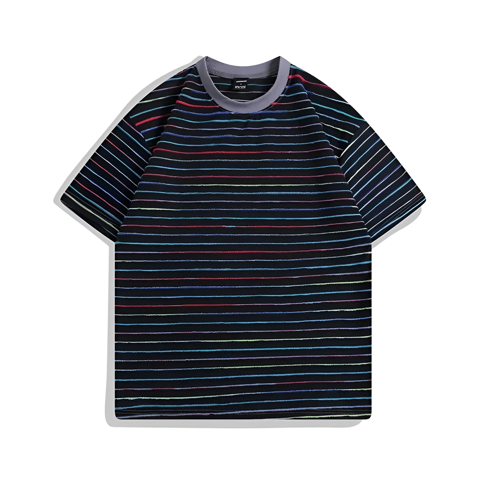 Loose fit striped half sleeve t-shirt for couples in apricot, black, grey, pink, and yellow colours.