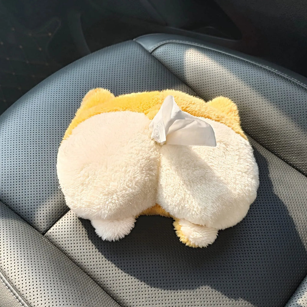 Yellow corgi butt shaped tissue box cover with elastic backing for car sun visor attachment