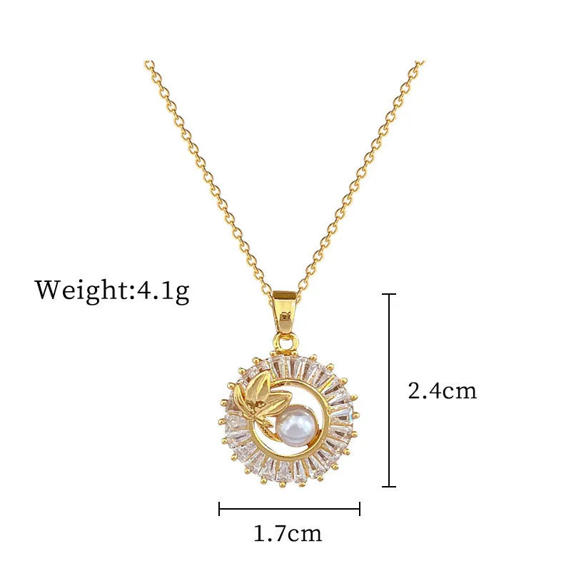 Women's geometric jewellery set showing necklace and earrings with ring and leaf designs in gold and silver tones
