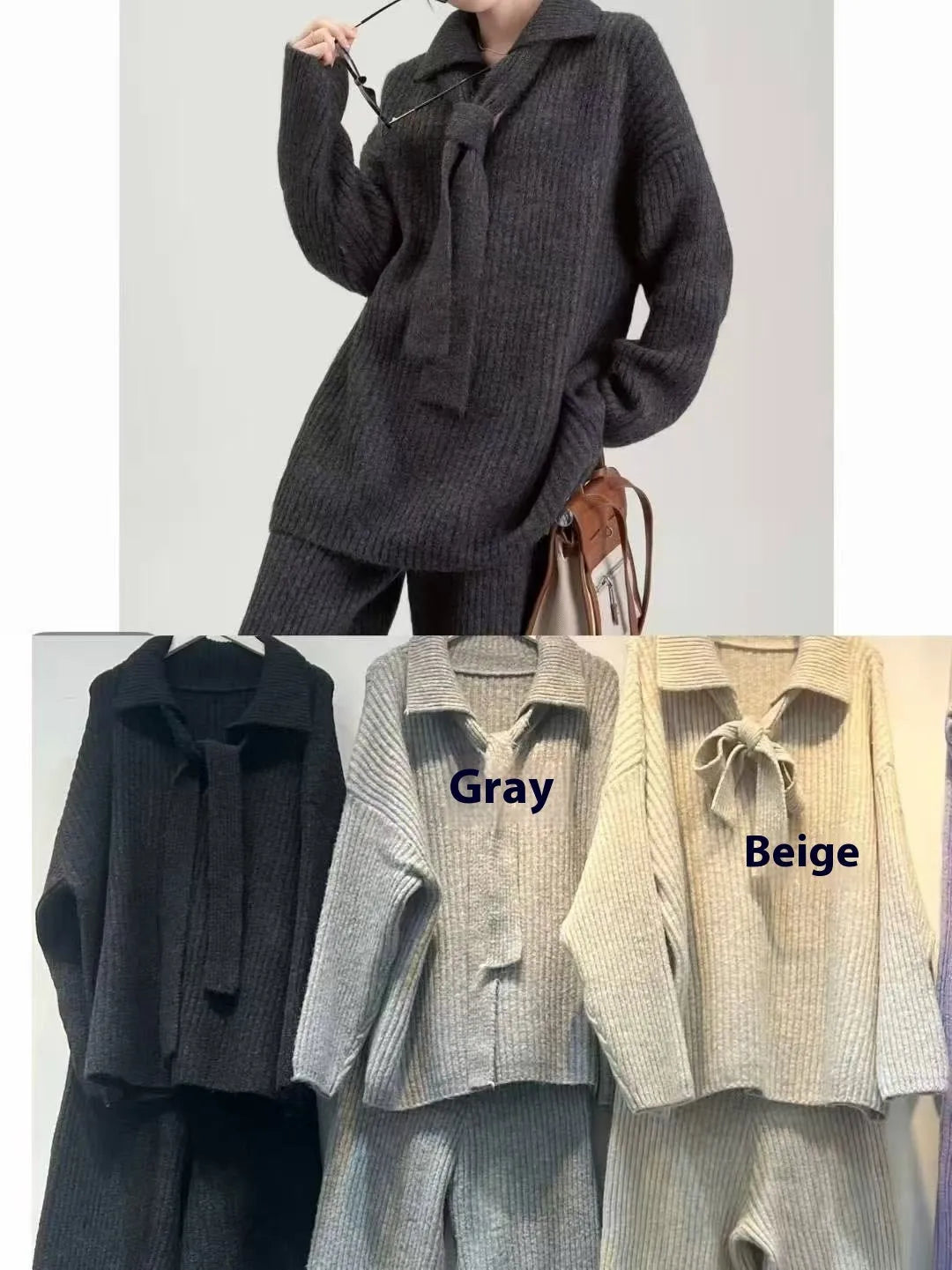 Sweater suit two-piece set with knitting top and trousers in imitation cashmere fabric