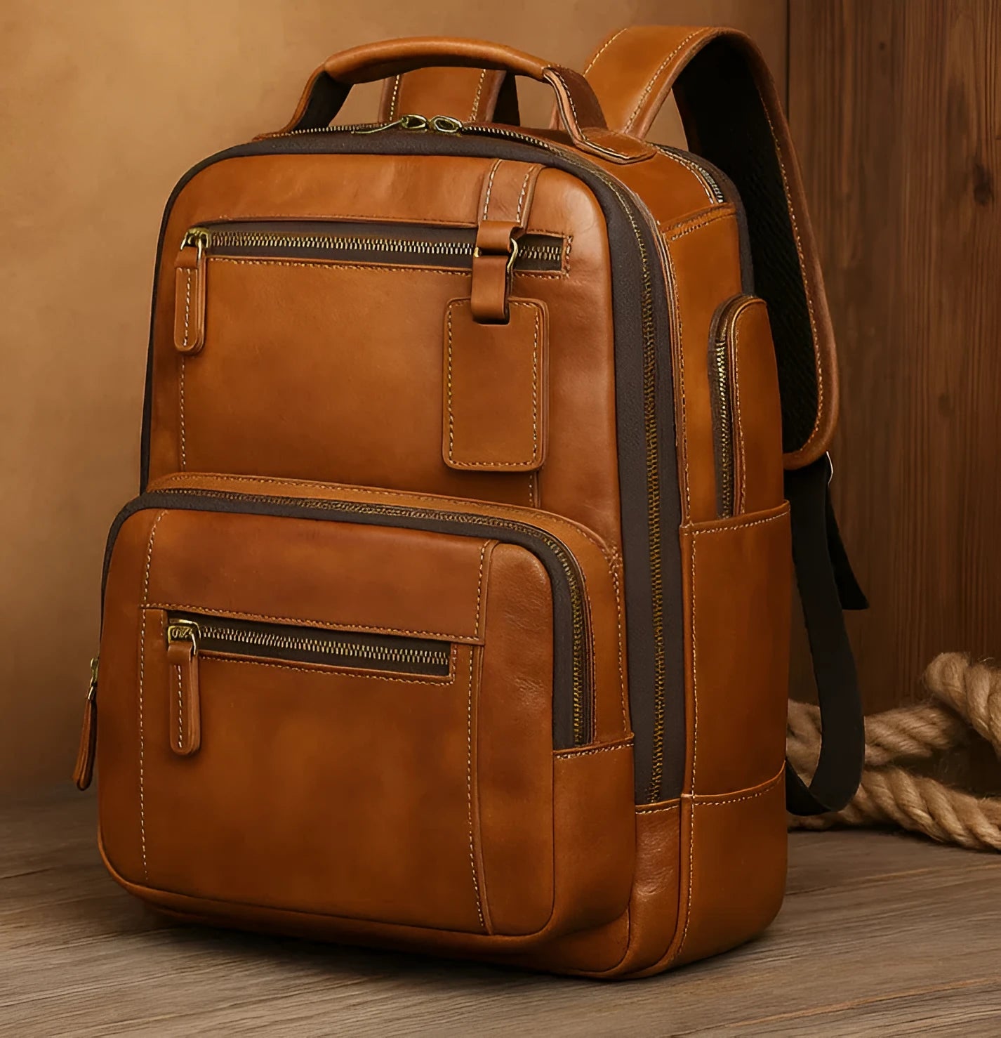Bronze genuine leather backpack with zipper and structured shape for laptop storage