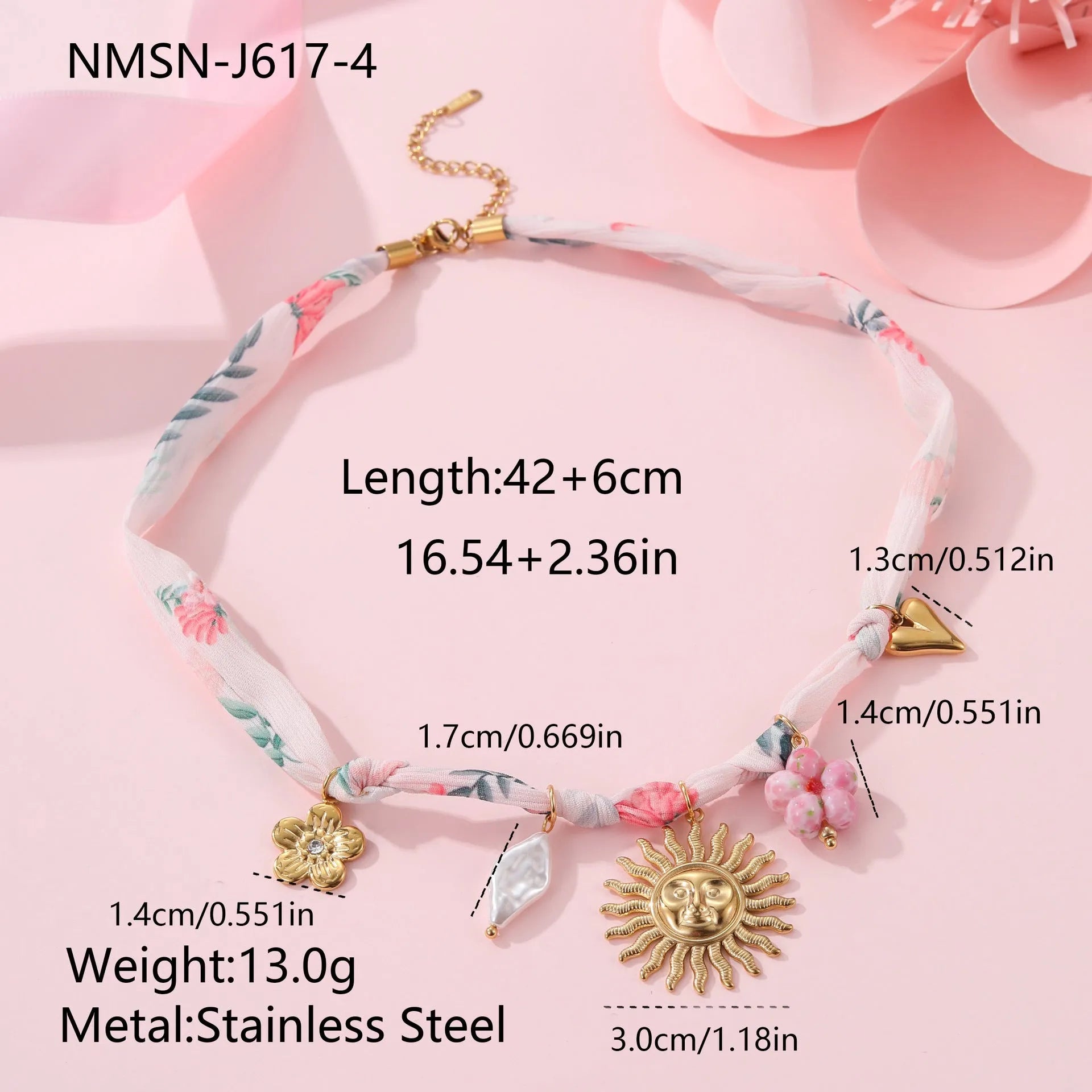 Women's stainless steel sun pendant necklace with adjustable chain and 18K gold electroplated finish