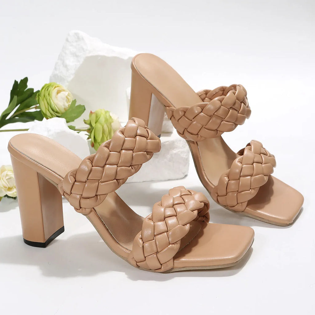 Square toe flip-flops with chunky rubber heel and woven twisted apricot straps.