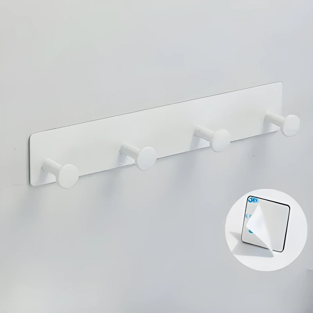 Modern iron adhesive wall hook with multiple rows, shown in white with mounting tape.
