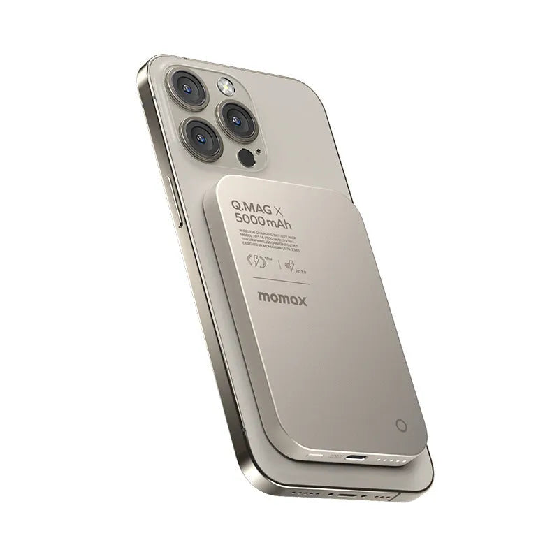 Black and titanium gold magnetic wireless power bank with alloy shell.