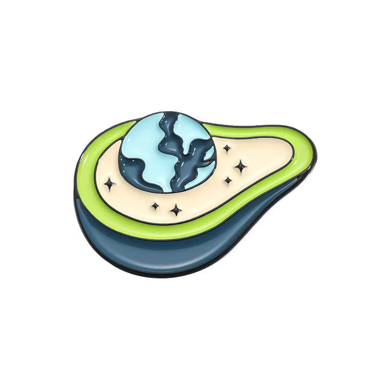 Colourful cartoon fruit design metal brooch with letters on a zinc alloy pin.