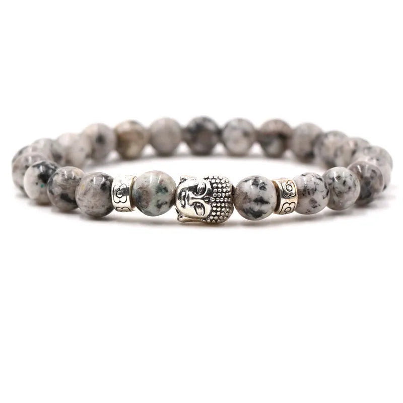 Natural stone stretch bracelet with tigereye, volcanic rock and turquoise beads on wrist