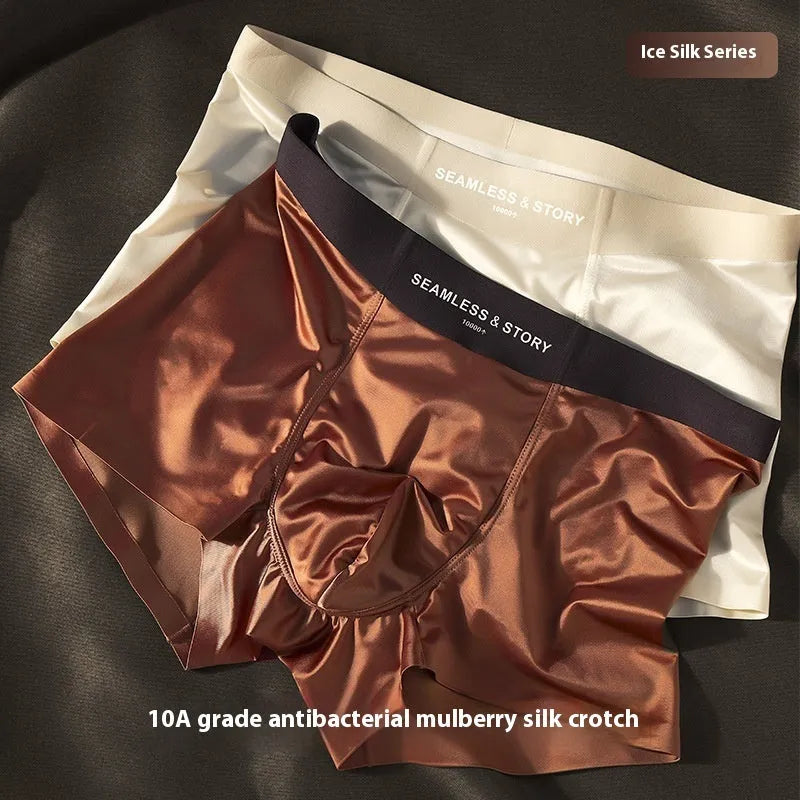 Men's ice silk satin boxer shorts on a white background, showing mid-waist design.