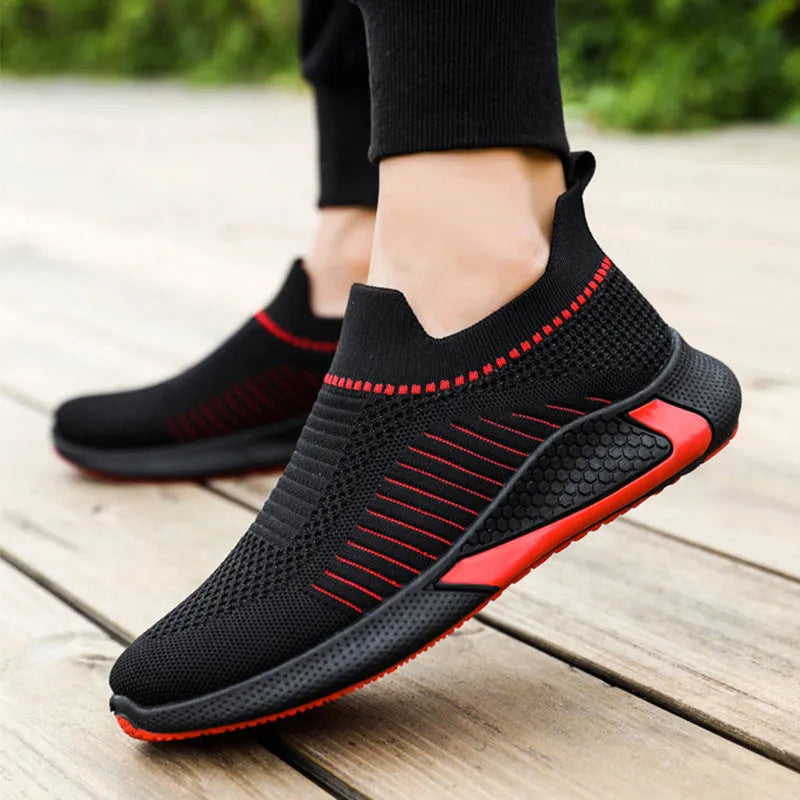 Men's mesh sock shoes with striped design, lightweight slip-on sneakers in black colour