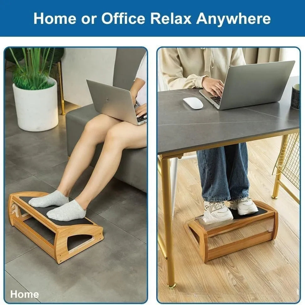 Wooden bamboo adjustable office desk footstool in natural wood colour
