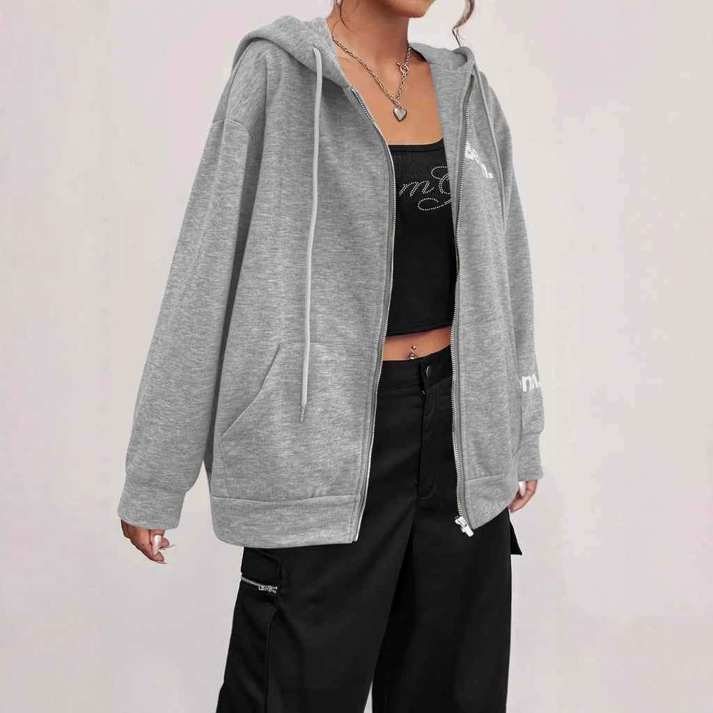Black letter print polyester zipper sweater coat with hood, loose Japanese Korean casual style