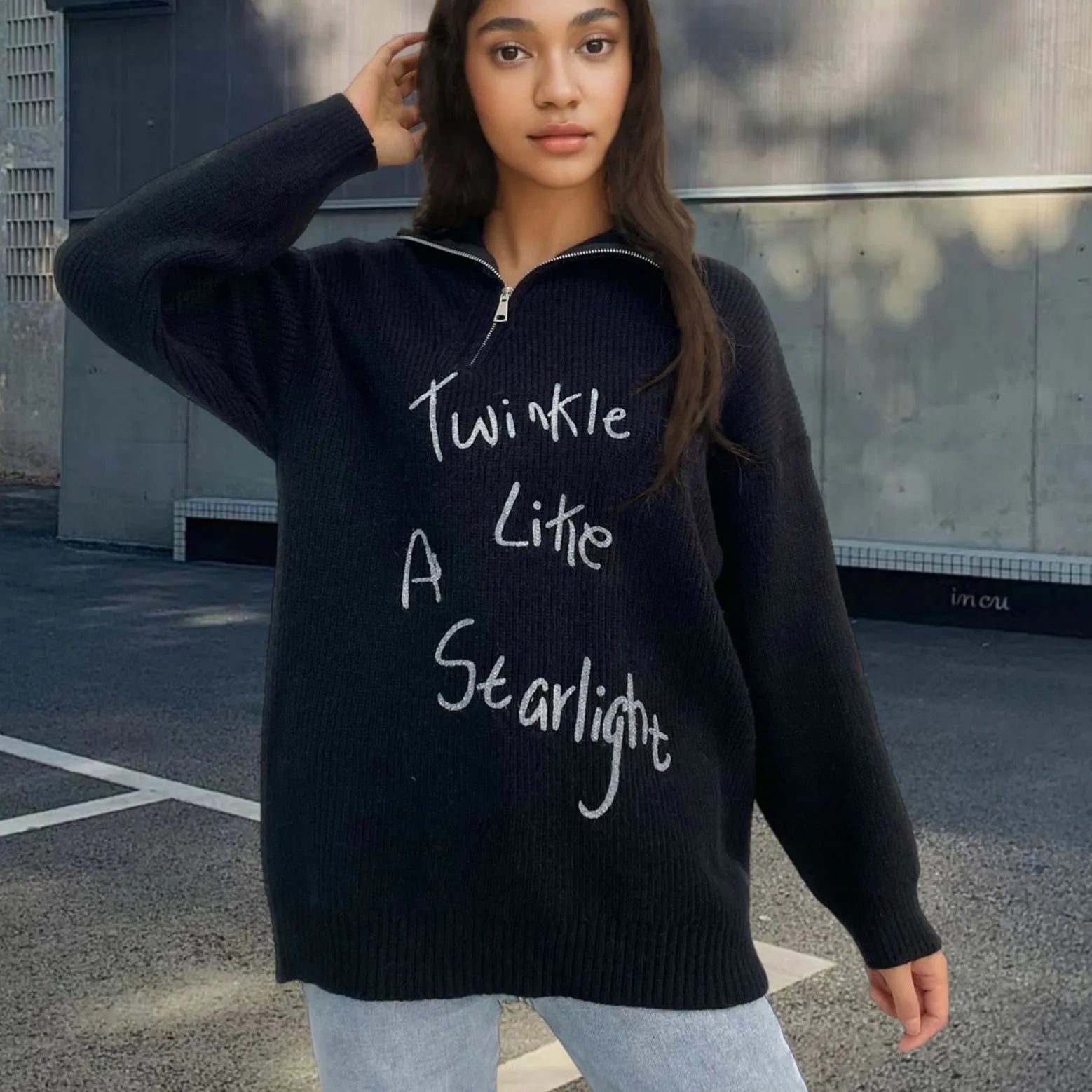 Light khaki women's alpaca fleece pullover sweater with an oblique zipper and retro turtleneck.